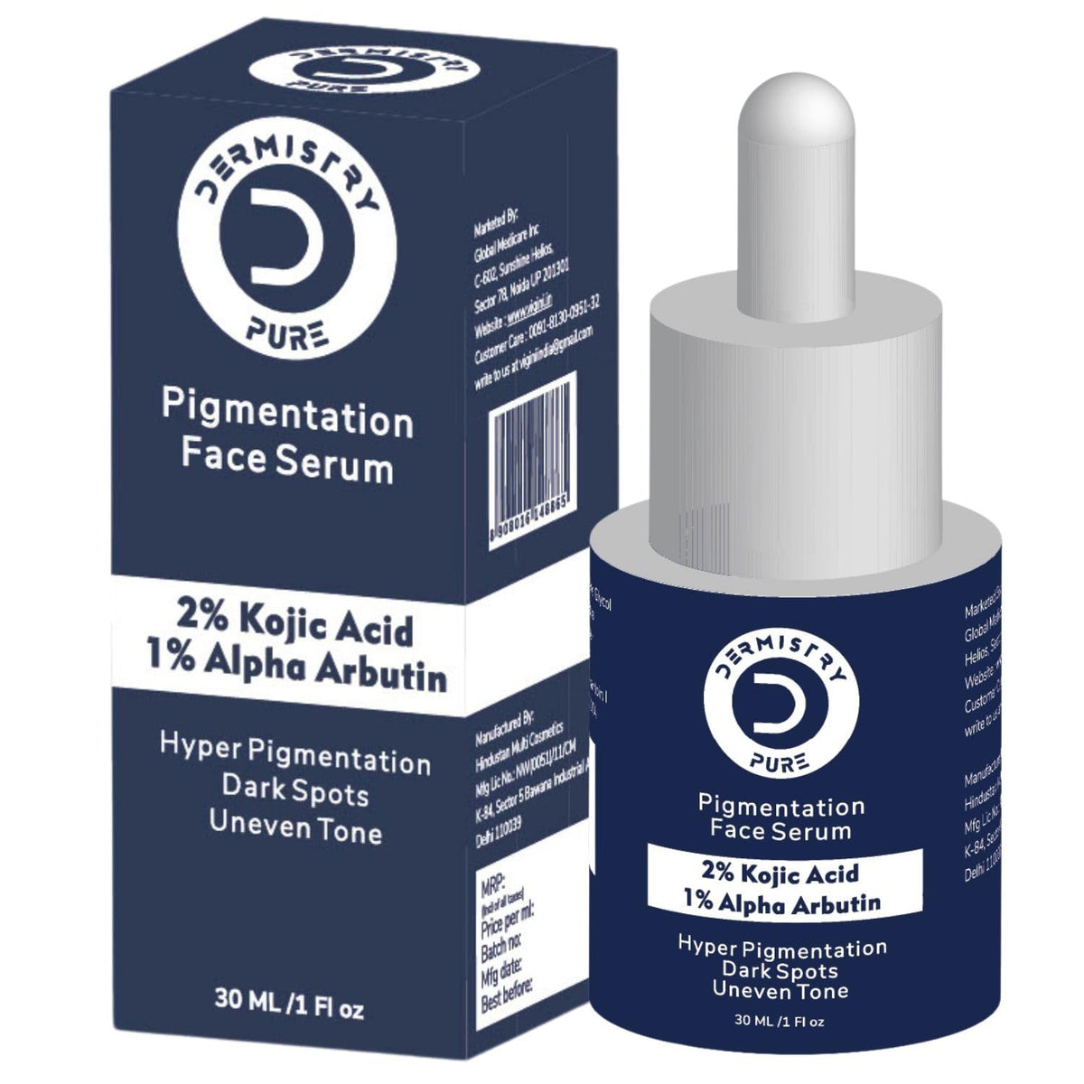 Dermistry Pure 2% Kojic Acid 1% Alpha Arbutin Skin Glowing Lightening Fairness Face Serum Removes Uneven Tone Dark Spots Pigmentation Tan & Dull Skin Suits All Skin Types 30ml