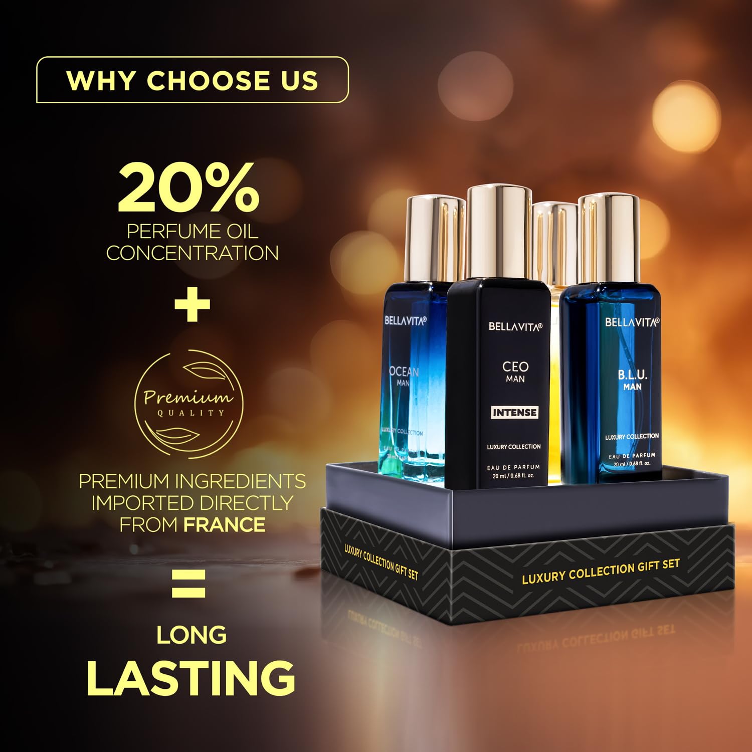 Bella Vita Luxury Collection Eau De Parfum Gift Set 4 x 20ml for Men & Women with OUD GOLD, OCEAN, B.L.U & CEO Man Perfume|Long Lasting EDP Fragrance Scent