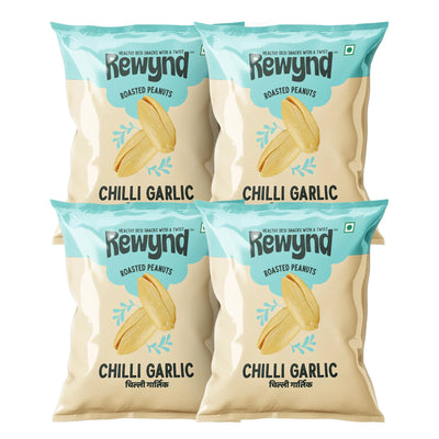 Rewynd Roasted Chilli Garlic Peanuts | 560gm (Pack of 4) | Roasted Not Fried | Guilt-free Snacking | Healthy Snack for Anytime Snacking | 100% Veg | No Added Preservatives