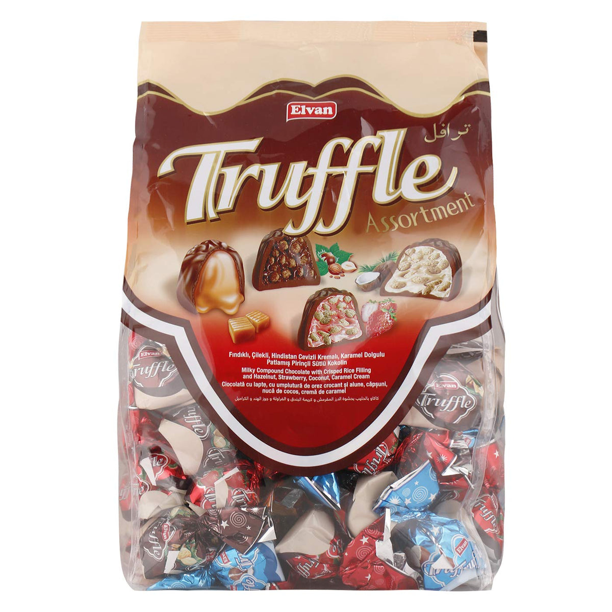 Elvan Truffle Assortment - Milky Compound Chocolate with Crisped Rice Filling and Hazelnut, Strawberry, Coconut, Caramel Cream 1KG bag