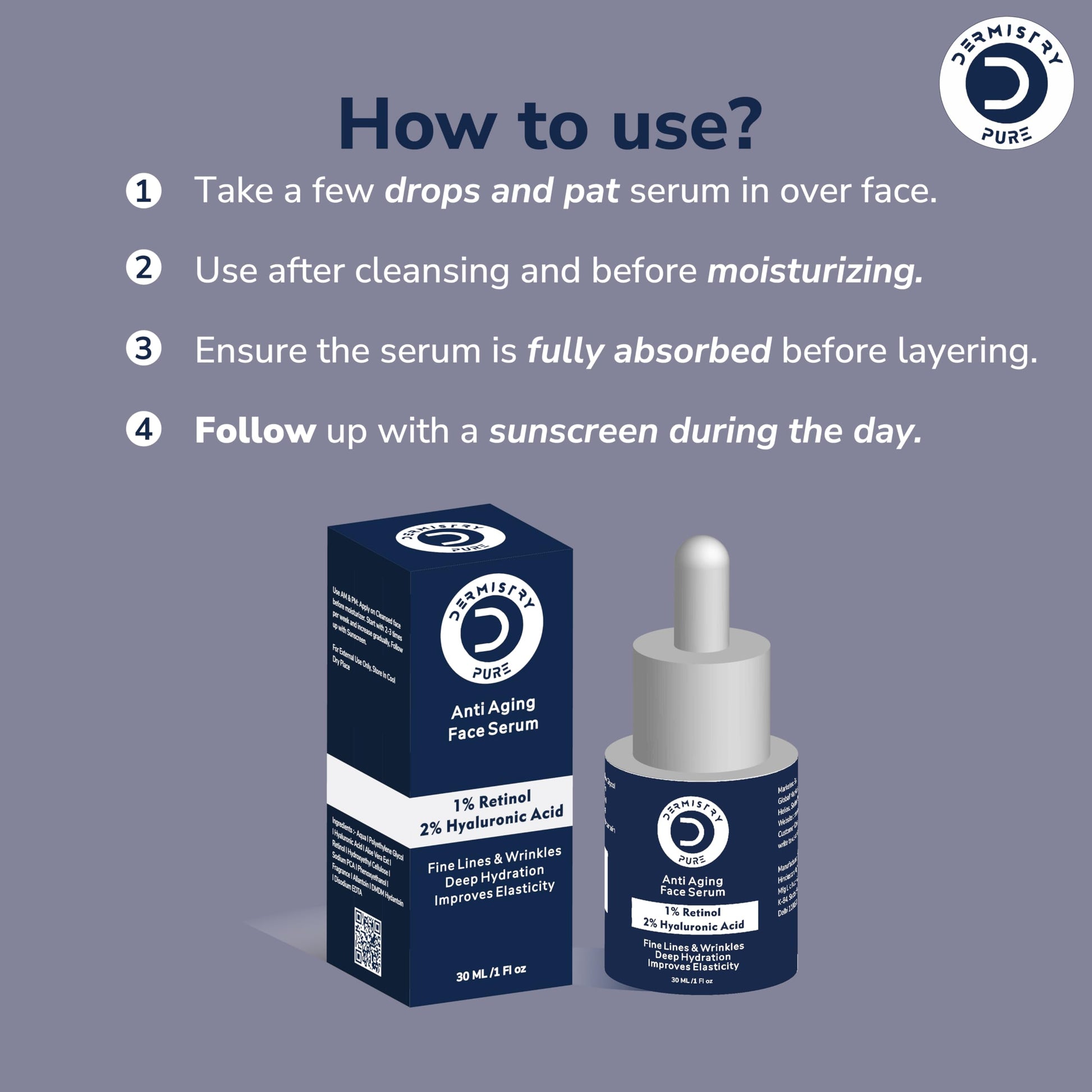 Dermistry Pure 1% Retinol 2% Hyaluronic Acid Anti Aging Skin Firming Tightening Moisturizer Face Serum Removes Ageing Fine Lines Wrinkles Deep Hydration Collagen Boost Improves Elasticity 30ml