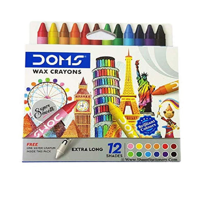 Doms 12+1 Shades Extra Long Coloured Wax Crayons for School Nursery Home (10 Pack)