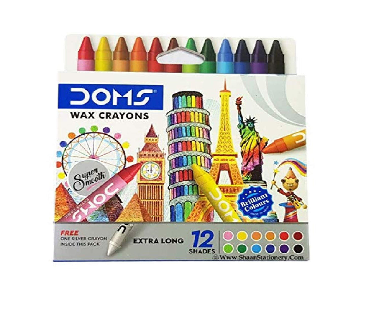 Doms 12+1 Shades Extra Long Coloured Wax Crayons for School Nursery Home (10 Pack)