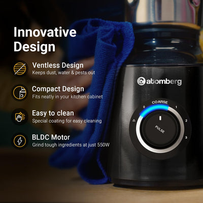 Atomberg Zenova Mixer Grinder with Unique Coarse Mode | Advanced Safety Features | 4 Jars including Chopper Jar with Hands Free Operation (Black)