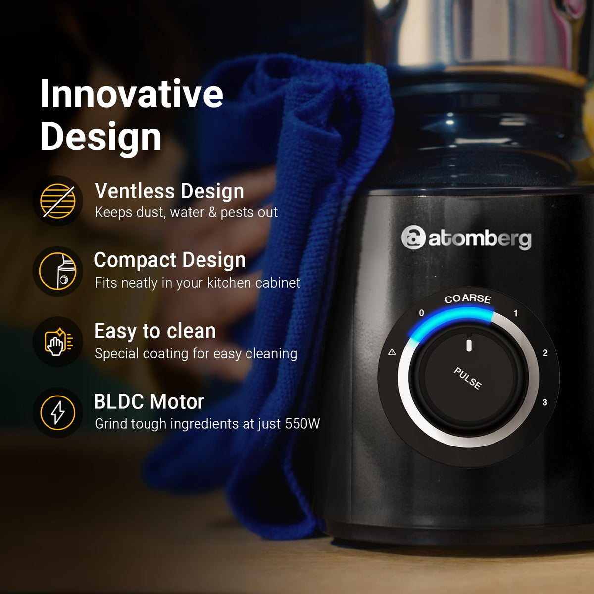 Atomberg Zenova Mixer Grinder with Unique Coarse Mode | Advanced Safety Features | 4 Jars including Chopper Jar with Hands Free Operation (Black)