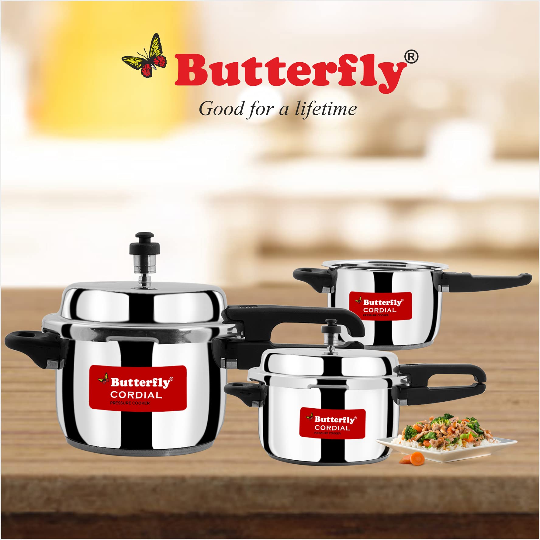 Butterfly Cordial 2, 3 & 5 Litres Outer Lid SS Pressure Cookers | Induction & Gas Stove Compatible | ISI Certified | 2 Years Manufacturer's Warranty