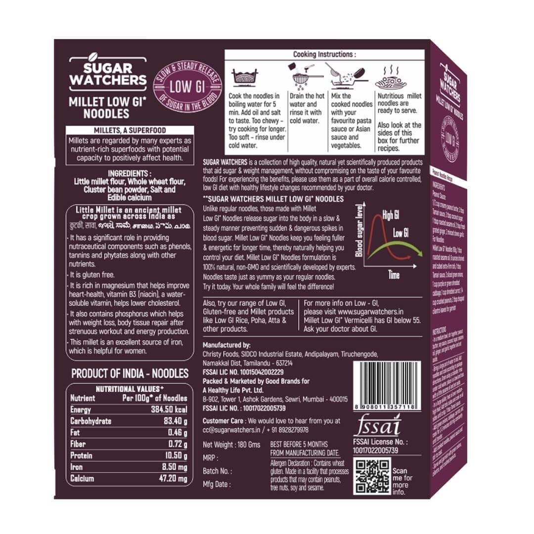 Sugar Watchers Low GI Millet Noodles, No Maida, Non-Fried, Diabetic Friendly 180G