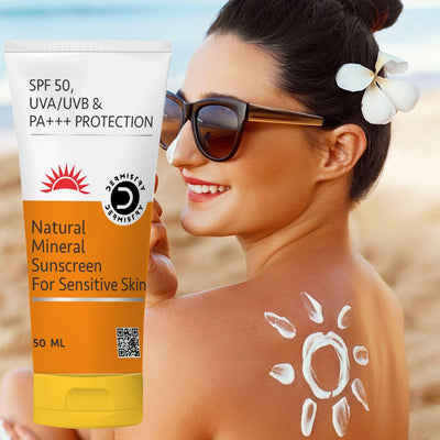 Dermistry Natural Mineral Based Oil Free Pollution Protect Water Based Sunscreen SPF 50 For Sensitive Skin, UVA UVB PA+++ Protection Water Resistant Men Women Children & Kids - 50ml