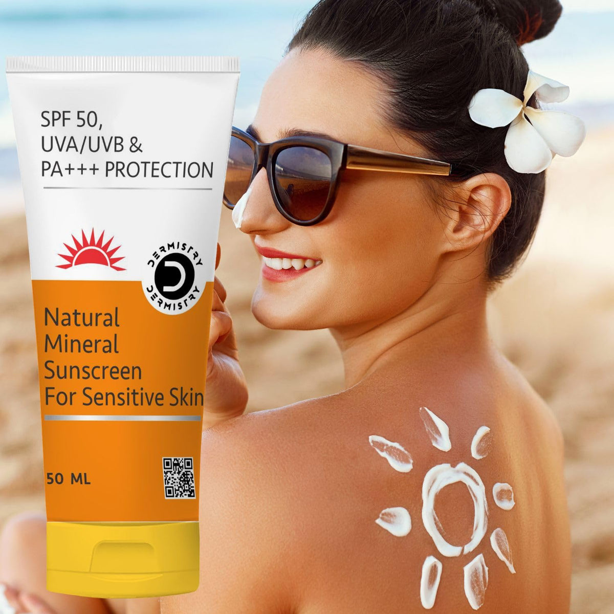 Dermistry Natural Mineral Based Oil Free Pollution Protect Water Based Sunscreen SPF 50 For Sensitive Skin, UVA UVB PA+++ Protection Water Resistant Men Women Children & Kids - 50ml