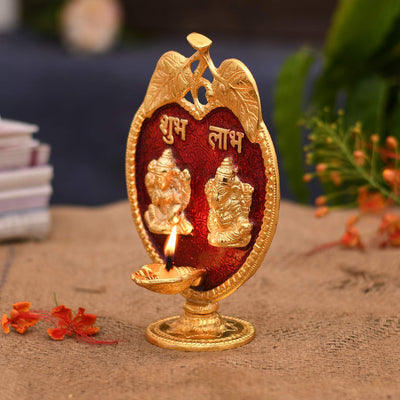 Collectible India Laxmi Ganesha Diya Idol Statue- Brass Gold Finish Diya Oil Lamp Ganesh Lakshmi Showpiece Shubh Labh Home Office Decor Pujan Puja Diwali Decoration (Golden)