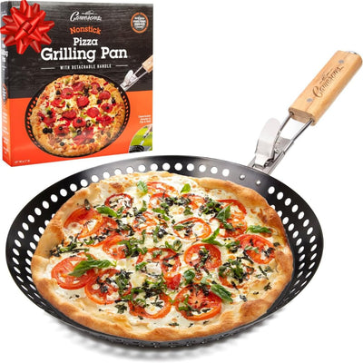 Camerons Products Non-Stick Pizza Grilling Pan with Holes, Extra High Walls & Removable Handle - Use for Vegetables, Seafood, Shish Kebab.