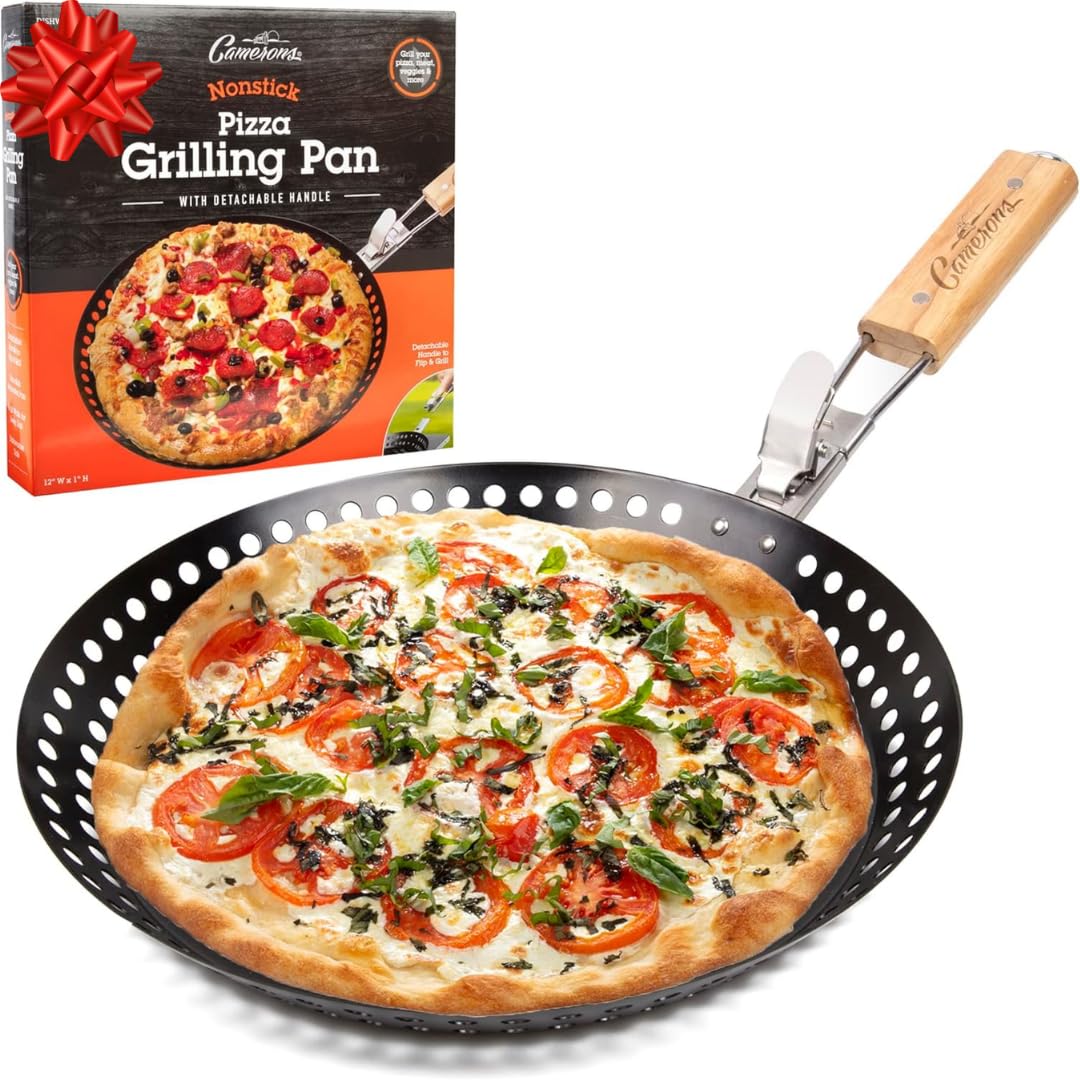 Camerons Products Non-Stick Pizza Grilling Pan with Holes, Extra High Walls & Removable Handle - Use for Vegetables, Seafood, Shish Kebab.