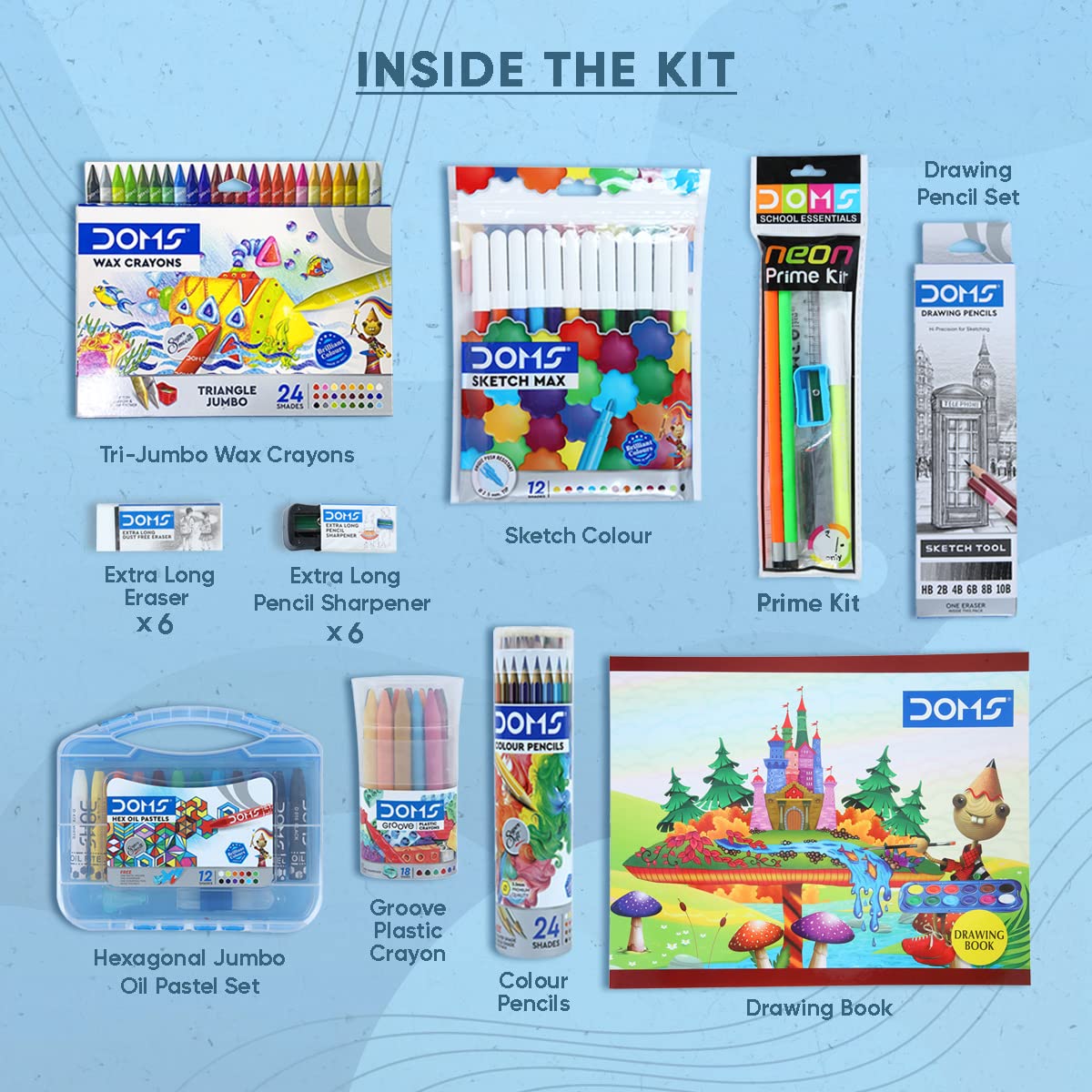 Doms Colouring Smart Kit Mega Gift Pack | Colouring Set for Kids | Best for School, College & Office | 25 Assorted Items | Colour Pencil, Wax Crayons, Sketch Pen, Drawing Book Stationery