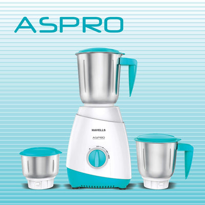 Havells Aspro 500W 3 Jar Mixer Grinder (White-Light Blue)