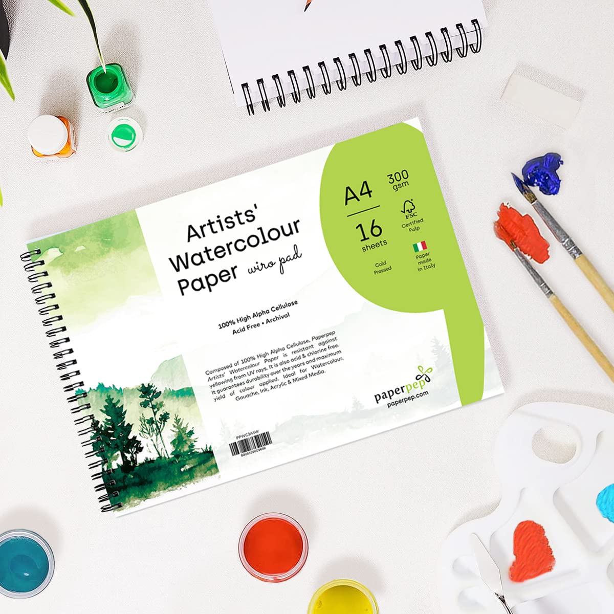 PaperPep Artists' Watercolour Wiro Pads 300GSM Cold Pressed A4 16 Sheets