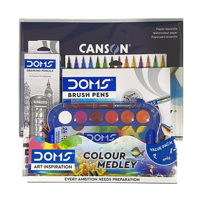 Doms Brush Pen Set | Color Medley Art Kit | 24 Shades Watercolor Cakes | Brush Pen | Drawing Pencil | Watercolor Paper 300 GSM Painting Smart Kit
