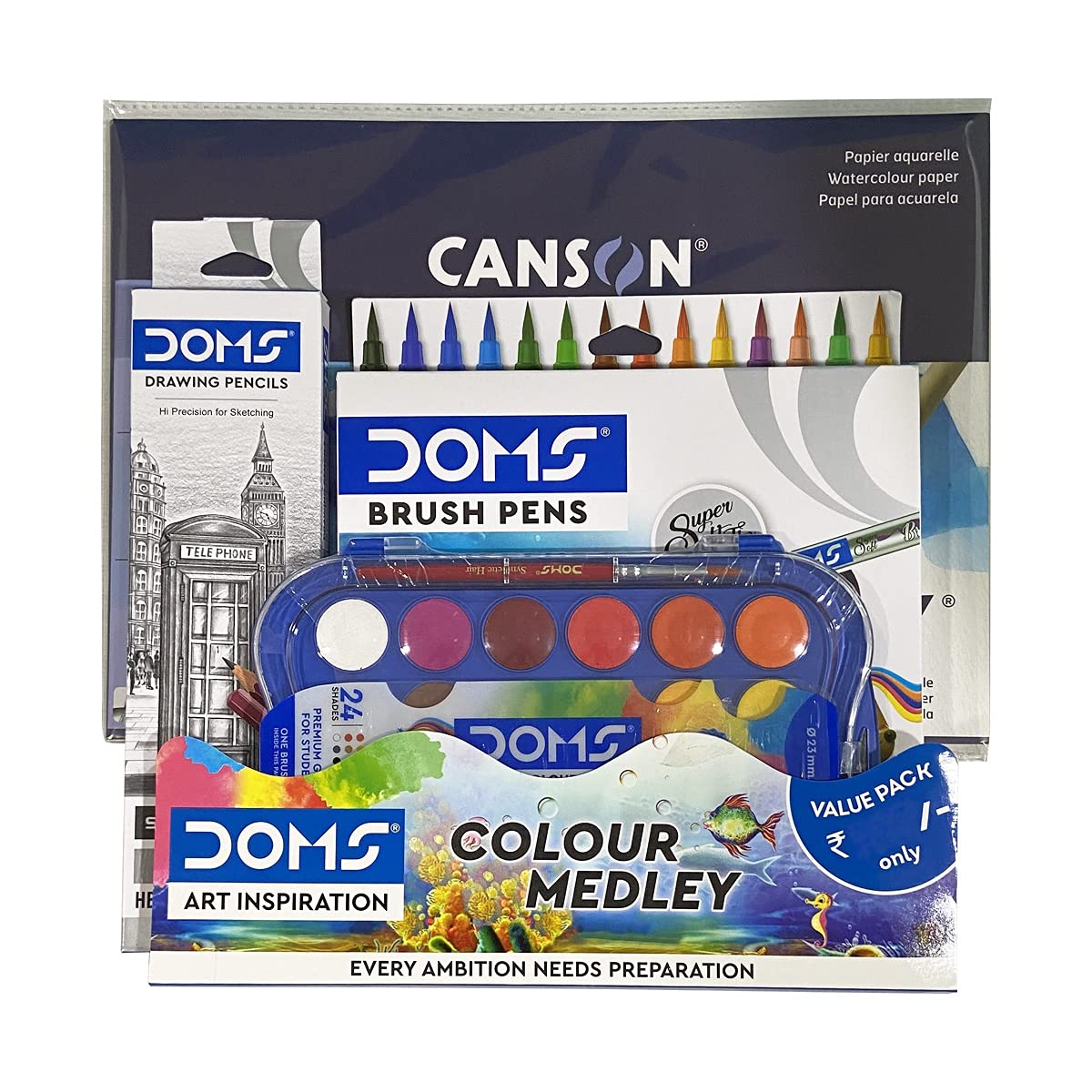 Doms Brush Pen Set | Color Medley Art Kit | 24 Shades Watercolor Cakes | Brush Pen | Drawing Pencil | Watercolor Paper 300 GSM Painting Smart Kit