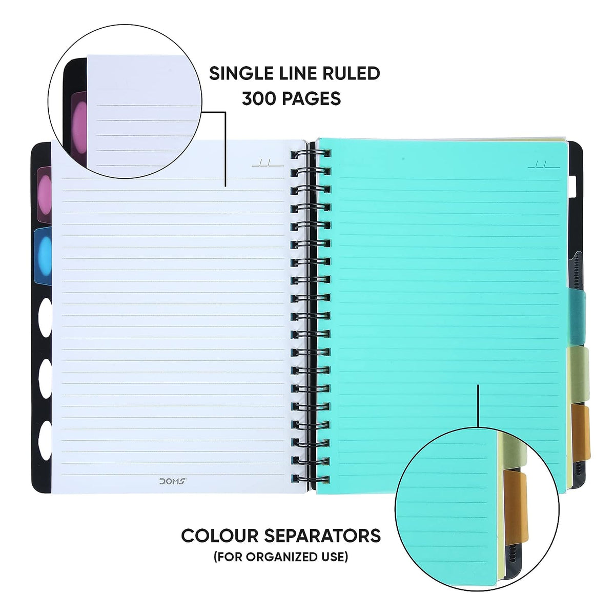 Doms Wiro Binding Notebook | 5 Subject Book | Single Line Ruled | 300 Pages | 29.7 x 21 cm | Pack of 1