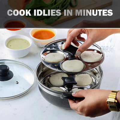 Cello Magna Stainless Steel Multi Kadai Idli cooker with Glass Lid & 2 Idli Plates | Multi-purpose use | Perfect for Frying, Sautéing, Roasting, Preparing sabjis | Dishwasher Safe