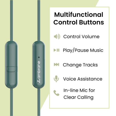 Ambrane Wired in Ear Earphones with in-line Mic for Clear Calling, 14mm Dynamic Drivers for BoostedBass, 3.5mm Jack, Multi-Functional Controller (Stringz 38 Lite, Green)