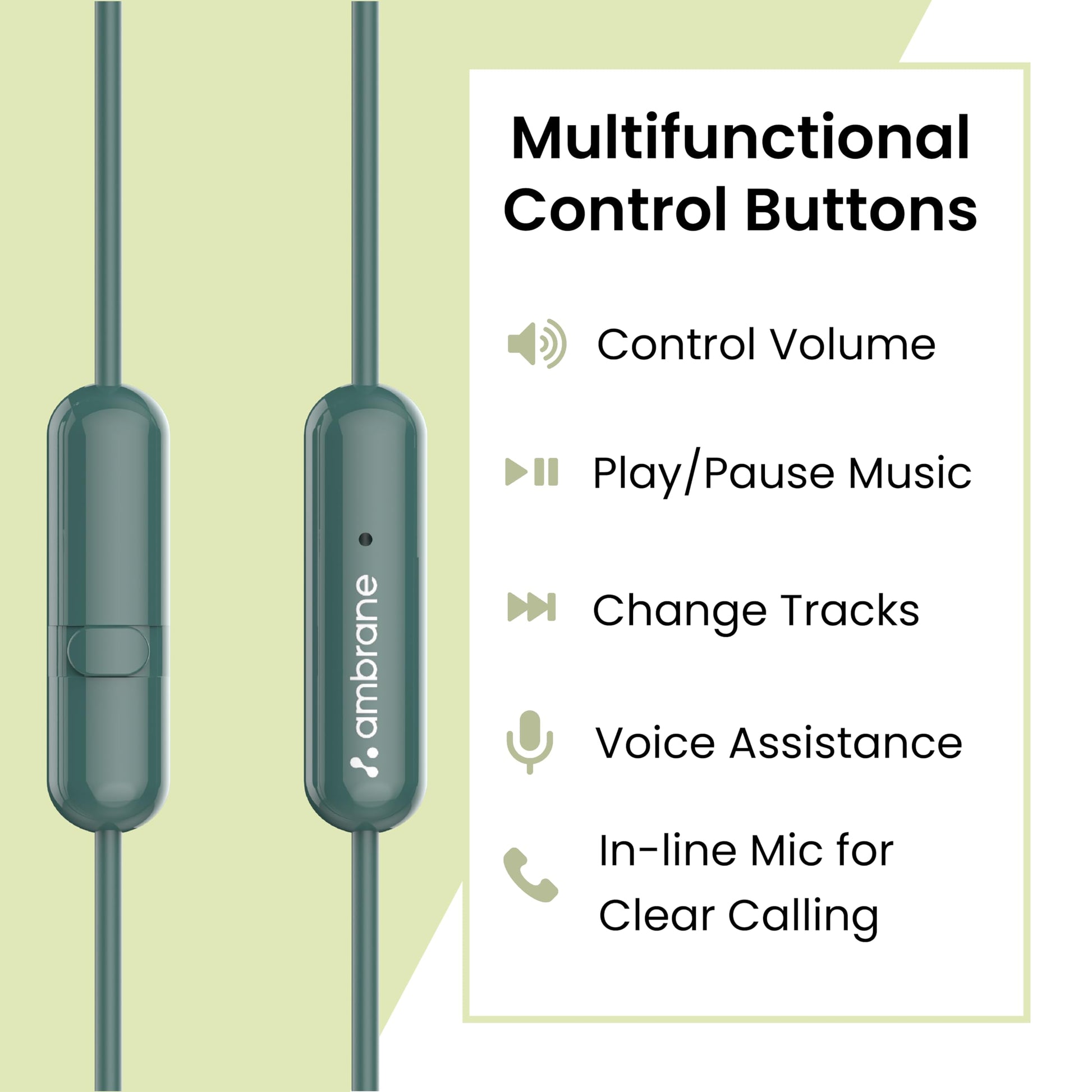 Ambrane Wired in Ear Earphones with in-line Mic for Clear Calling, 14mm Dynamic Drivers for BoostedBass, 3.5mm Jack, Multi-Functional Controller (Stringz 38 Lite, Green)
