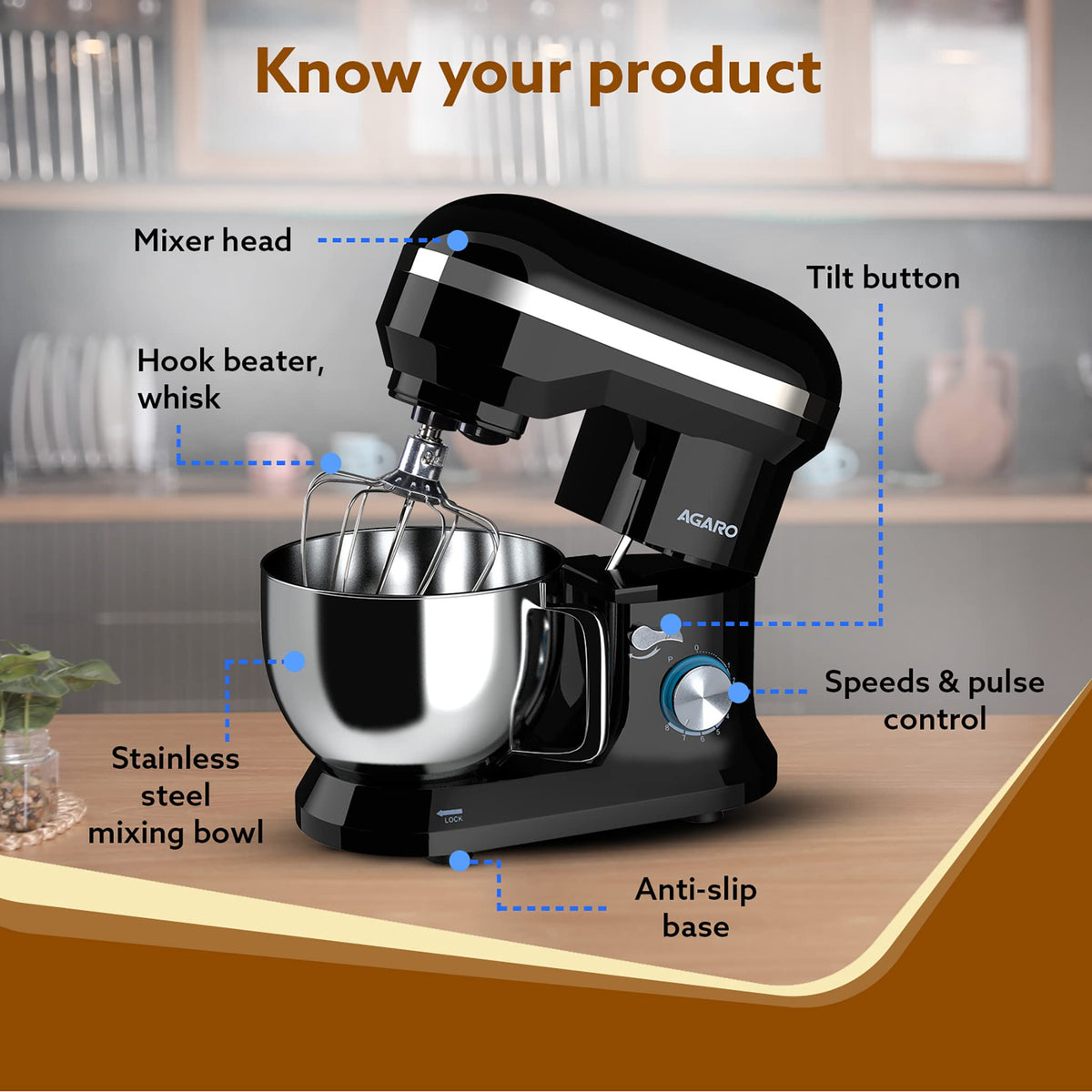 AGARO Royal Stand Mixer 1000W with 5L SS Bowl and 8 Speed Setting I Includes Whisking Cone, Mixing Beater & Dough Hook, and Splash Guard, 2 Years Warranty, (Black) (Indian Plug)