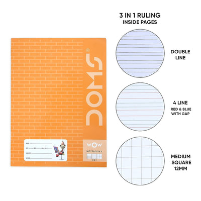 Doms Brown Cover Notebook | 3 In 1 (Dl/Rb/M.Sq) | Ruled | 57GSM | 172 Pages | 18 x 24 cm | Pack of 6