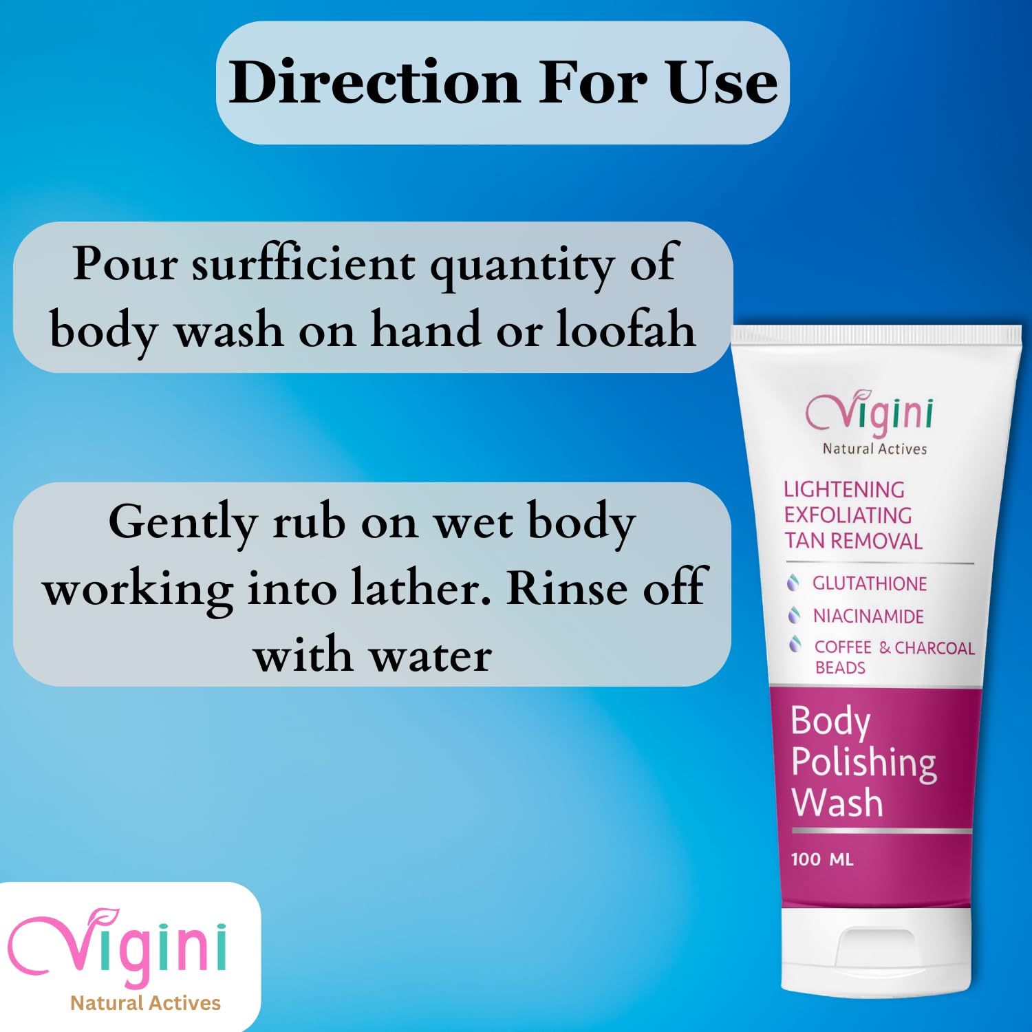 Vigini Natural Body Lightening Brightening Moisturizing Polishing Fairness Exfoliate Scrub Body Wash, Remove D Tan, Hyper Pigmentation Dark Spot, Skin Glow Glutathione Coffee Charcoal Men Women 100ml