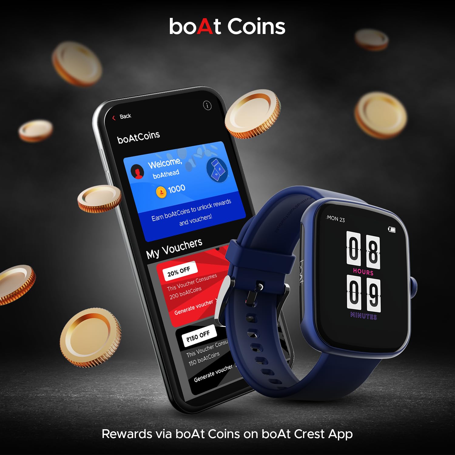 boAt Wave Style Smart Watch with 1.69" Square HD Display, DIY Watch Face Studio, Coins,HR & SpO2 Monitoring,7 Days Battery Life, Crest App Health Ecosystem, Multiple Sports Modes(Deep Blue)