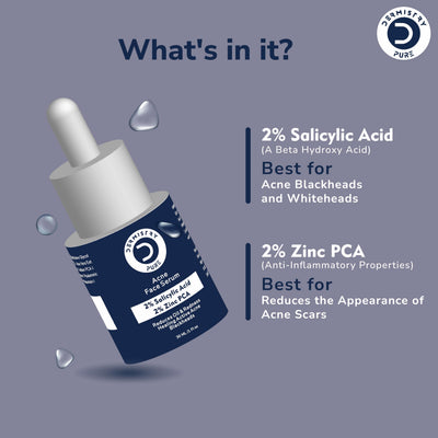 Dermistry Pure 2% Salicylic Acid 2% Zinc Face Serum for Oily Acne Prone Skin Removal Blackheads Whiteheads Pimples Scar Marks Healing Redness Dark Spots Removes Excess Sebum Oil Control UV Protection 30ml
