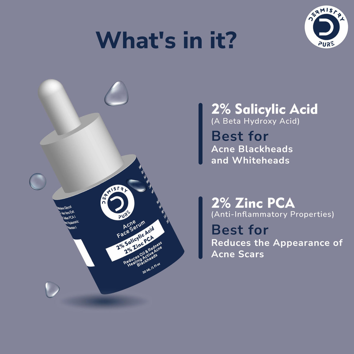 Dermistry Pure 2% Salicylic Acid 2% Zinc Face Serum for Oily Acne Prone Skin Removal Blackheads Whiteheads Pimples Scar Marks Healing Redness Dark Spots Removes Excess Sebum Oil Control UV Protection 30ml