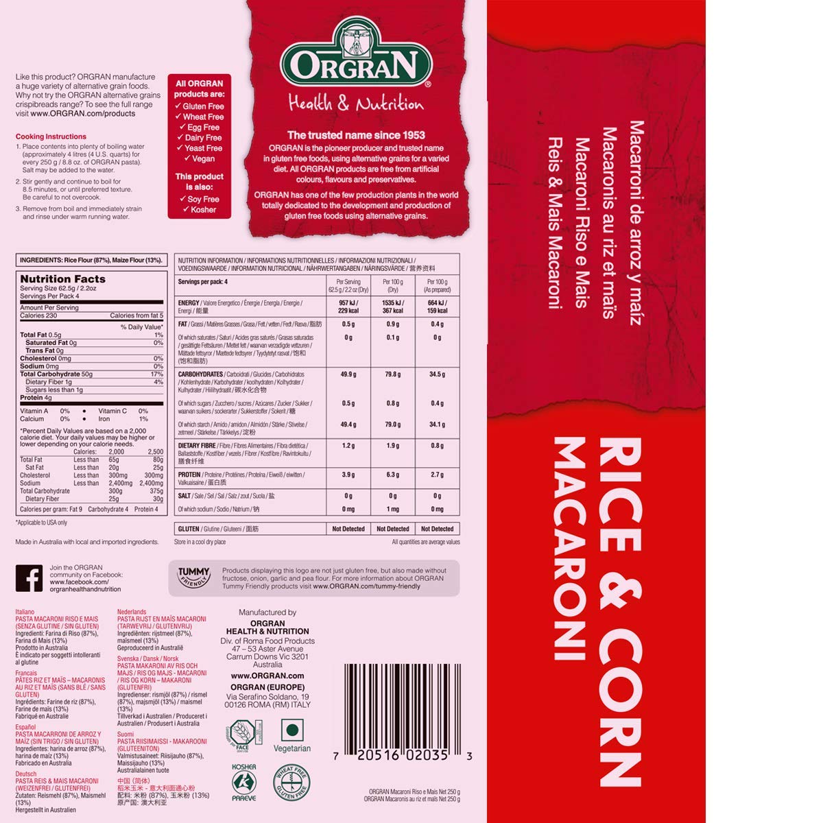 Orgran Rice and Corn Macaroni, 250G