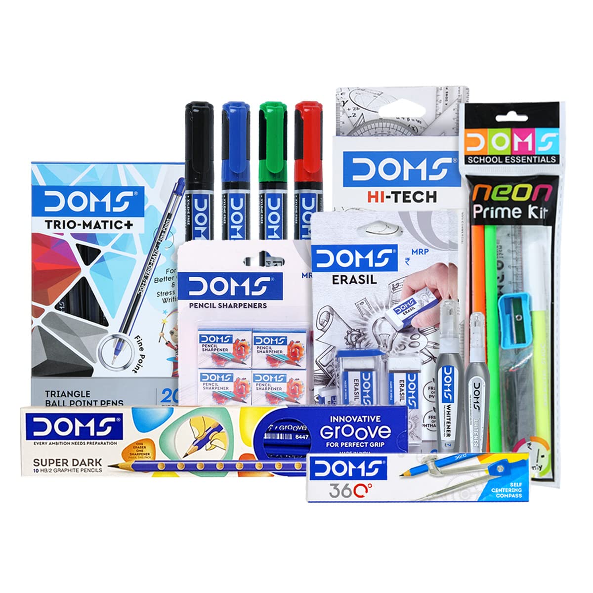DOMS Stationery Smart Kit | Best for School, College & Office | 47 Assorted Items | Markers, Graphite Pencil, Ball Pen, Compass, Instrument Box | DOMS Stationery | Stationery Items for School & Office