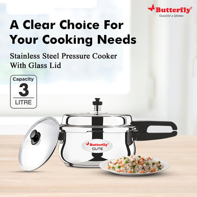 Butterfly Cute Ss Induction Compatible Outer Lid Stainless Steel Pressure Cooker With Glass Lid 3 liter, Silver