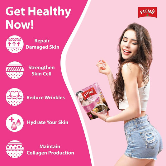 FITNE Instant 3 In 1 Coffee Packets Mix With Natural Hydrolyzed Collagen Vitamin C Smooth Blend Tasty Aromatic No Sugar Sucralose Sweetener, 10 Sticks