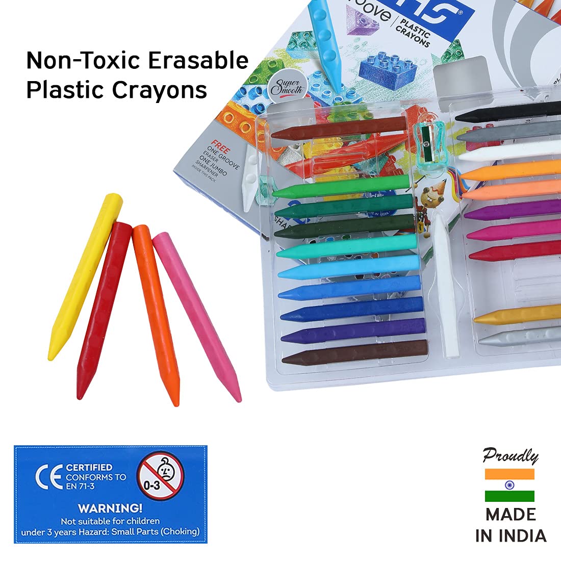 Doms Groove Non - Toxic Erasable Plastic Crayon Set With Case - 24 Assorted Shades - Plastic Crayon 28 Shades Round Tin