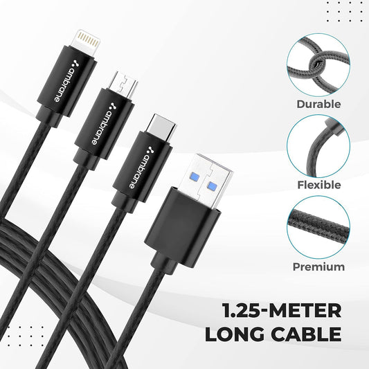 Ambrane Unbreakable 3 in 1 USB Fast Charging Multipurpose Cable with Type C, Lightning, Micro USB Port with 2.1 A,1.25 meter Black