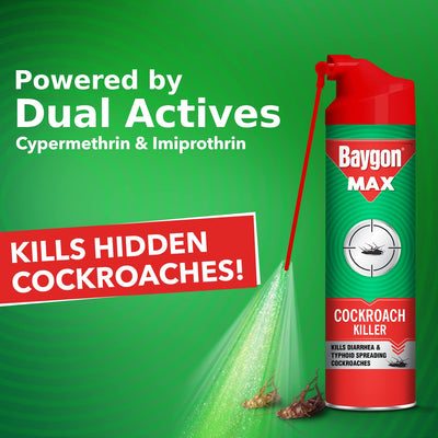Baygon Max Cockroach Killer Spray, 625ml | Kills Diarrhea and Typhoid Spreading Cockroaches | 360 Degree Deep-Reach MaxiWand | Lasts Up To 4 Weeks