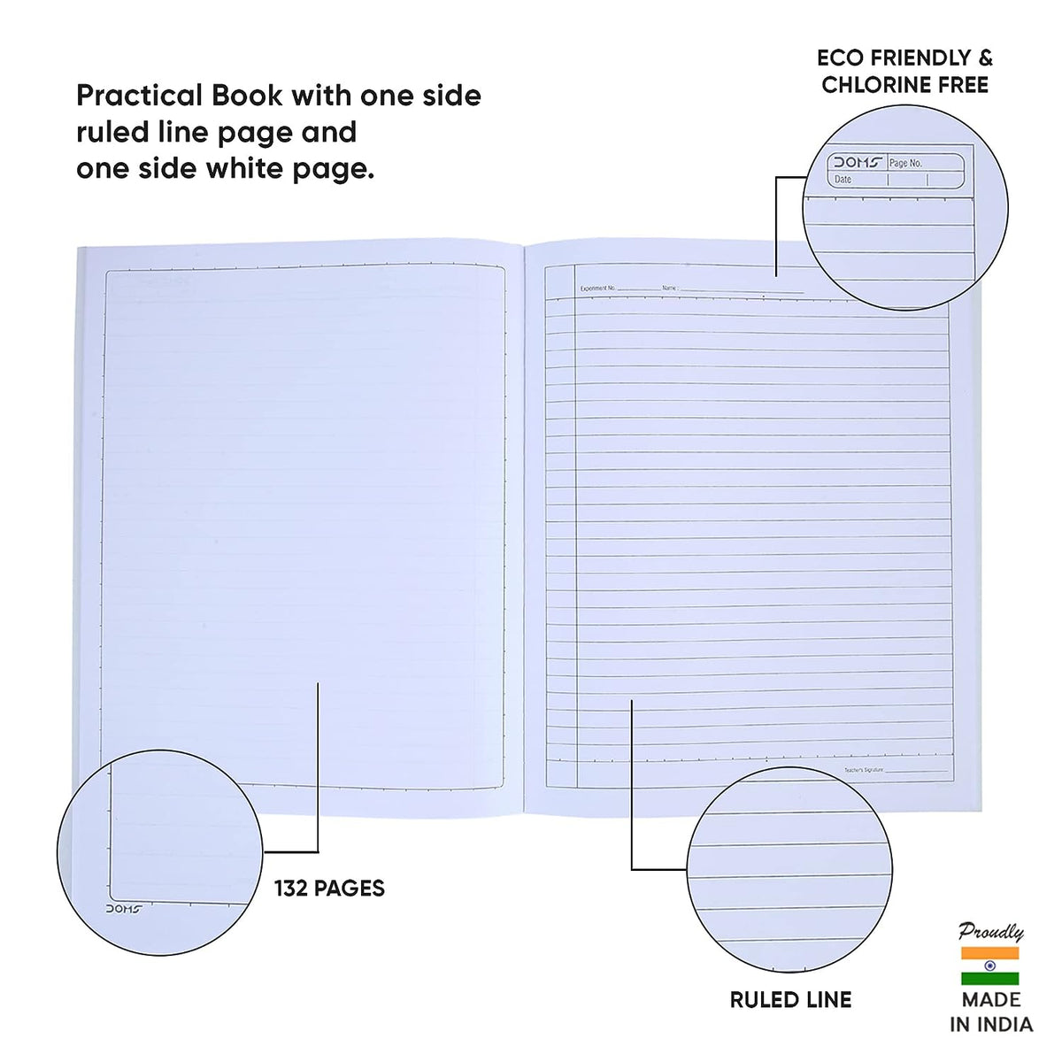 Doms Biology Practical Book | One side Ruled and One Side Plain | 132 Pages | 28 x 22 cm | Pack of 6