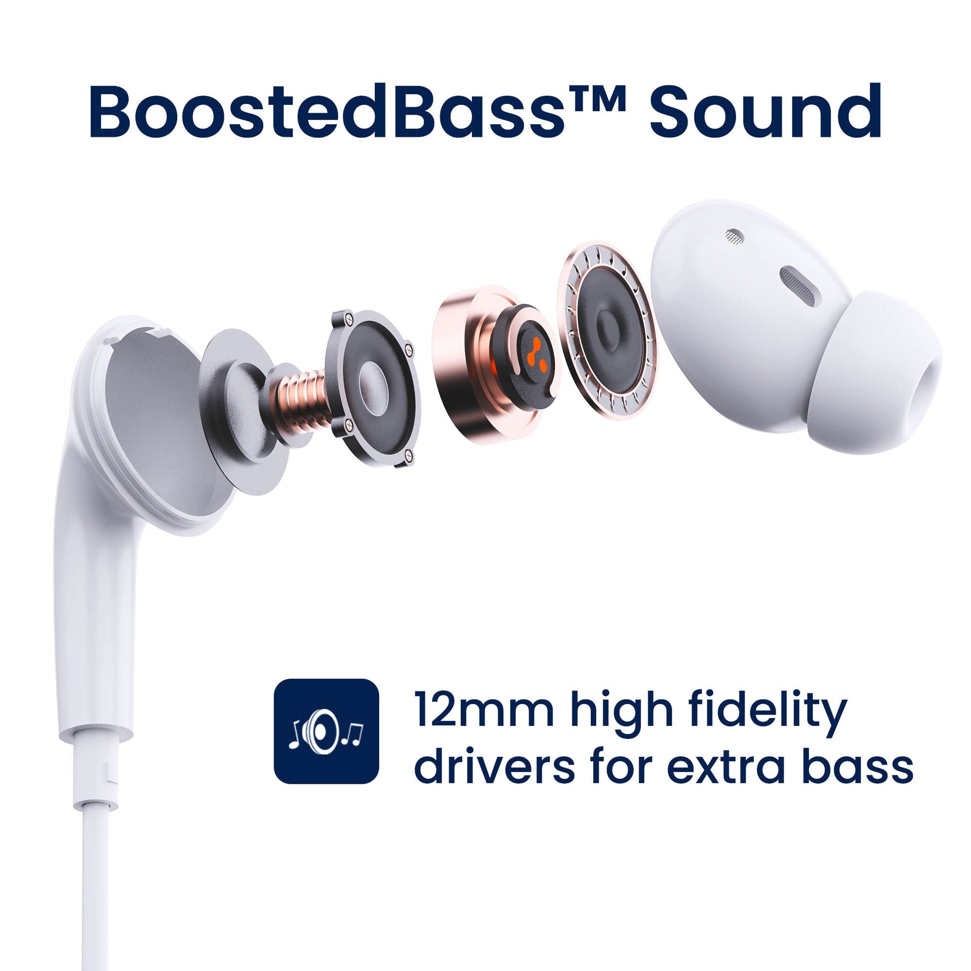 Ambrane Wired in Ear Earphones with in-line Mic for Clear Calling, 12mm Dynamic Drivers for BoostedBass™, 3.5mm Jack, Multi-Functional Controller (Stringz 74, White)