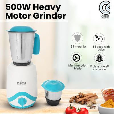 Crest Mixer Grinder for Kitchen - 2 Jars 500 Watt - Mixie with Mini Jar for Chutney & Liquidizing Jar used as Wet Grinder & Blender for Milkshake, Smoothie, Puree -Stainless Steel Blades