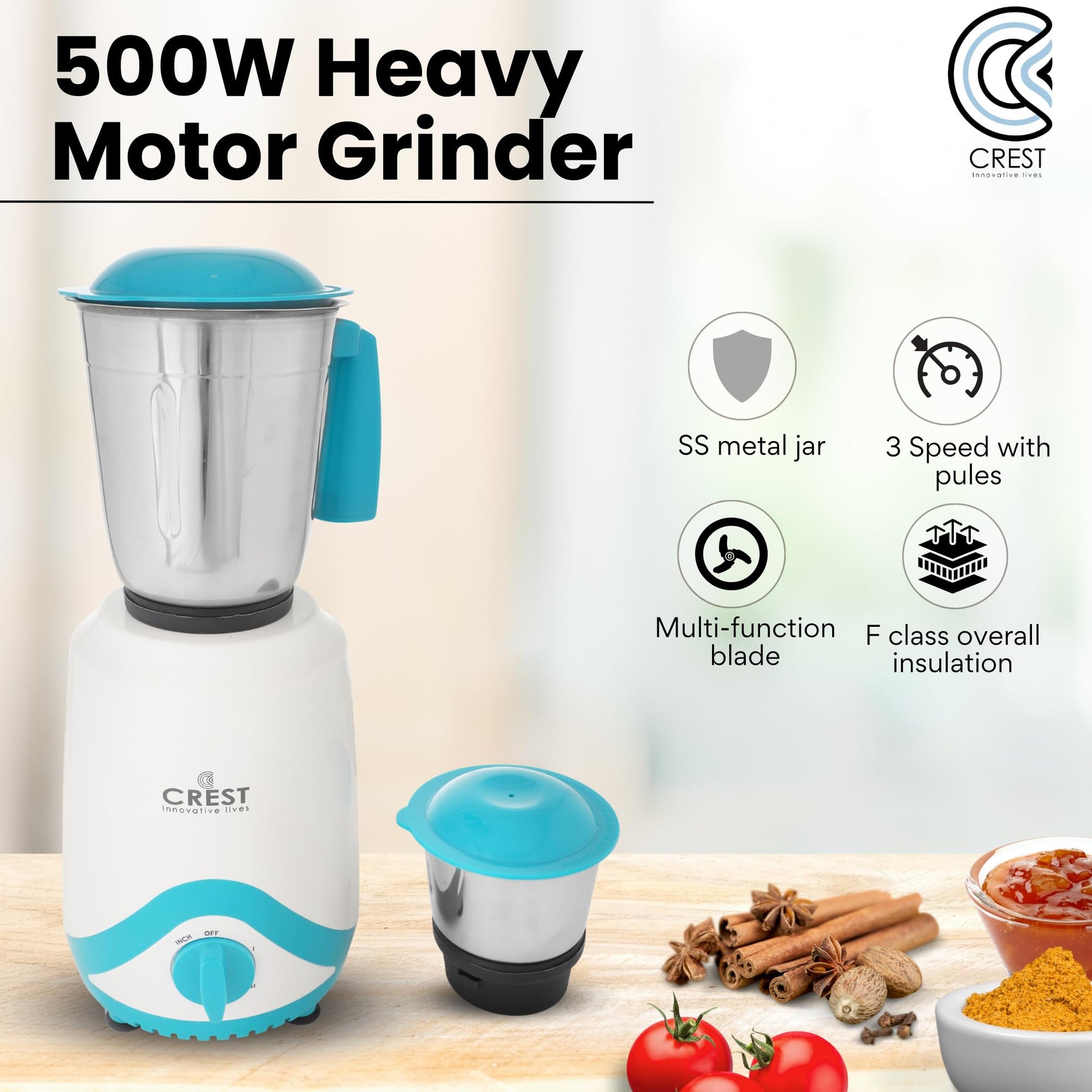 Crest Mixer Grinder for Kitchen - 2 Jars 500 Watt - Mixie with Mini Jar for Chutney & Liquidizing Jar used as Wet Grinder & Blender for Milkshake, Smoothie, Puree -Stainless Steel Blades