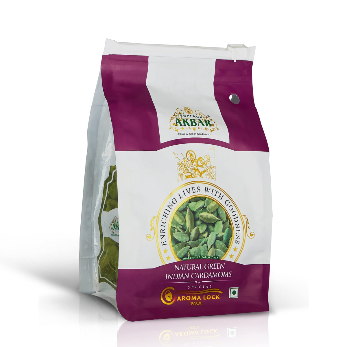 Emperor Akbar Whole Cardamom (Elaichi)- 100Gram - Green Cardamom In Superior Aroma-Lock Pack (Purple Grade - 8Mm Above)