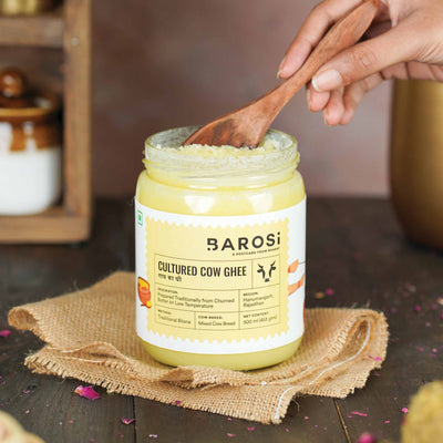 Barosi Premium Cultured Desi Cow Ghee 500 ml | Vedic Bilona Method | Churned from Curd | Pure & Natural | Farm Made in Small Batches | Glass Jar Packing