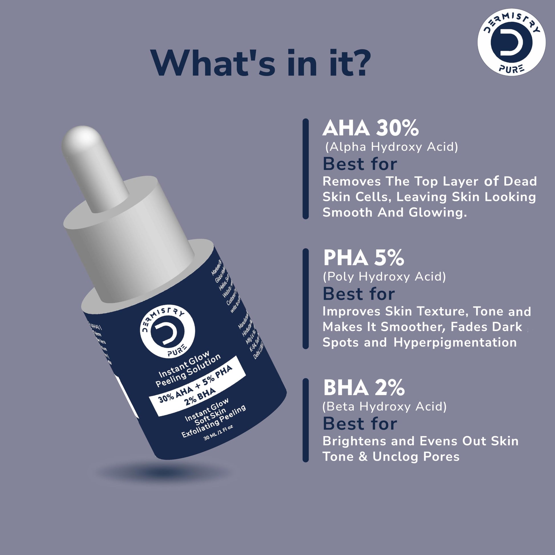Dermistry Pure 30% AHA + 5% PHA + 2% BHA Skin Lightening Brightening Instant Glowing Smooth Peeling Exfoliating Solution Face Serum For Instant Glow 30ml