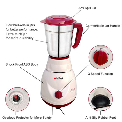 ACTIVA Plastic Pluto Pro Mixer Grinder, 500W, 3 Jars (White) 2 Year Warranty (Ivory Maroon), 500 Watts