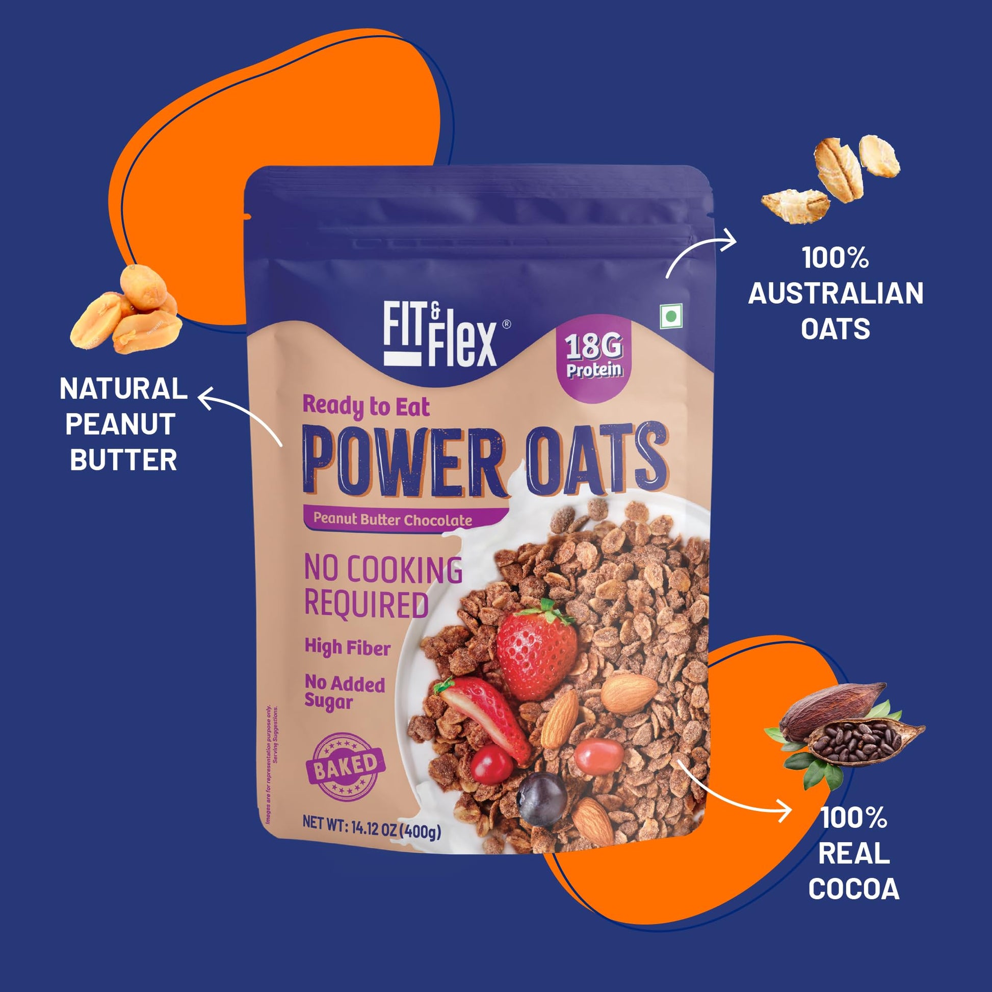 FIT & FLEX High Protein Ready To Eat Oats, Baked Peanut Butter Chocolate & Honey Oats, Zero Refined Sugar, Gluten Free & Preservative Free - As Seen on Shark Tank India - (400 g Each) Assorted Combo Pack of 2