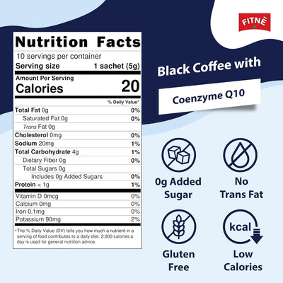 FITNE Instant Black Coffee Packets With Coenzyme Q10 L Carnitine High Antioxidant Low Calories Vegan Non Dairy No Sugar Sucralose Sweetener, 10 Sticks