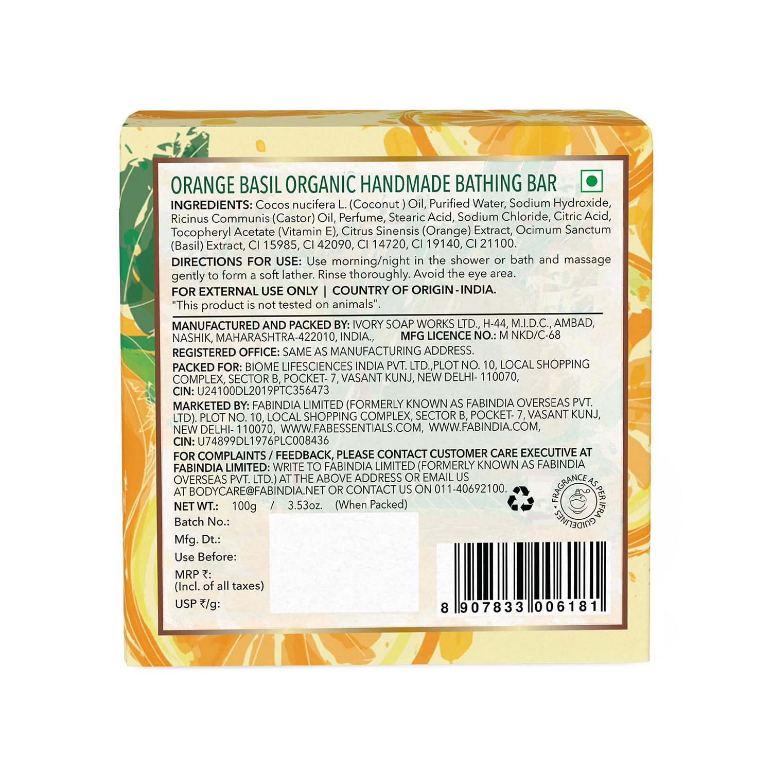8x Fabessentials Orange Basil Organic Handmade Bathing Bar | with Natural Biaoctives | Cleanses, Nourishes & Brightens Skin | Vegan & Palm-Oil Free - 100 gm Pack of 8
