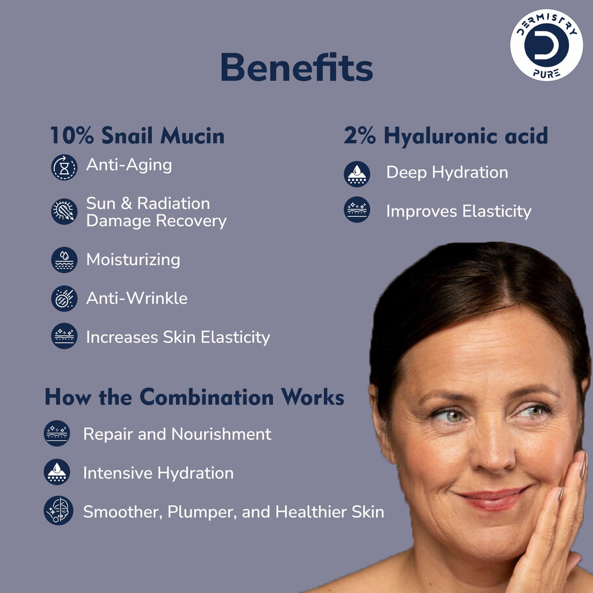 Dermistry Pure 10% Snail Mucin 96 Peptide + 2% Hyaluronic Acid Anti Aging Moisturizer Face Serum Repairs Fine Lines Wrinkles Collagen Boost Skin Lifting Firming Tightening Hydrating Anti Ageing 30ml